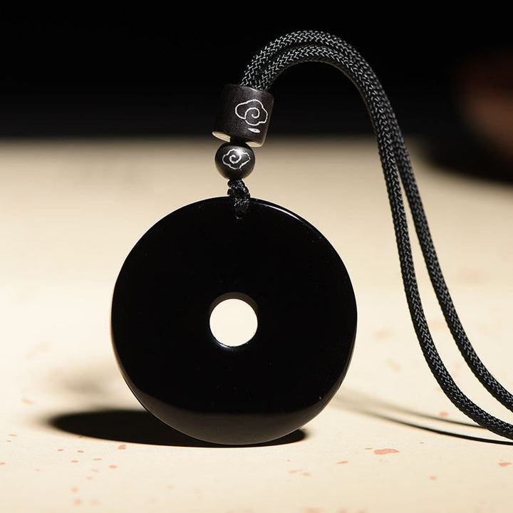 Buddha Stones Chinese Zodiac Natural Black Obsidian Peace Buckle Strength Necklace Pendant - image 7