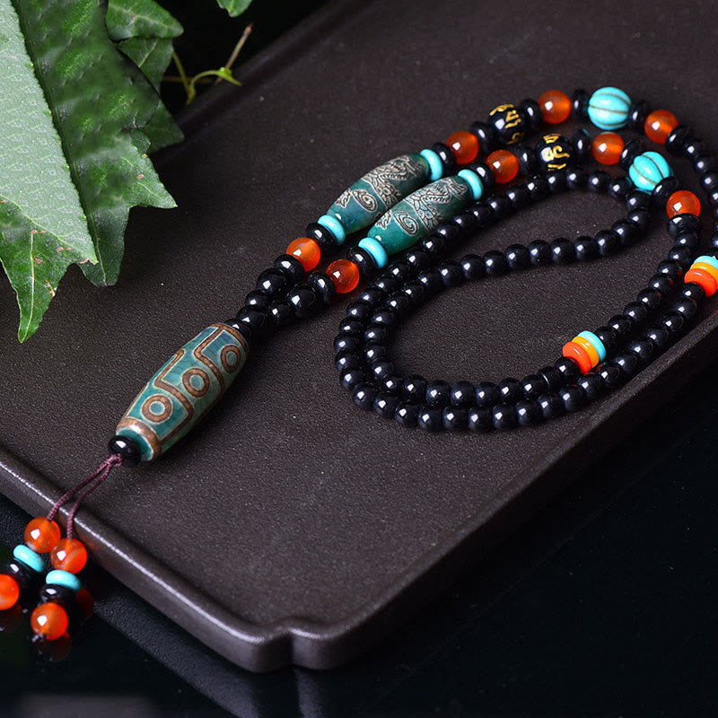 Buddha Stones Tibetan Nine-Eye Dzi Bead Dragon Pattern Om Mani Padme Hum Protection Necklace Pendant - image 1