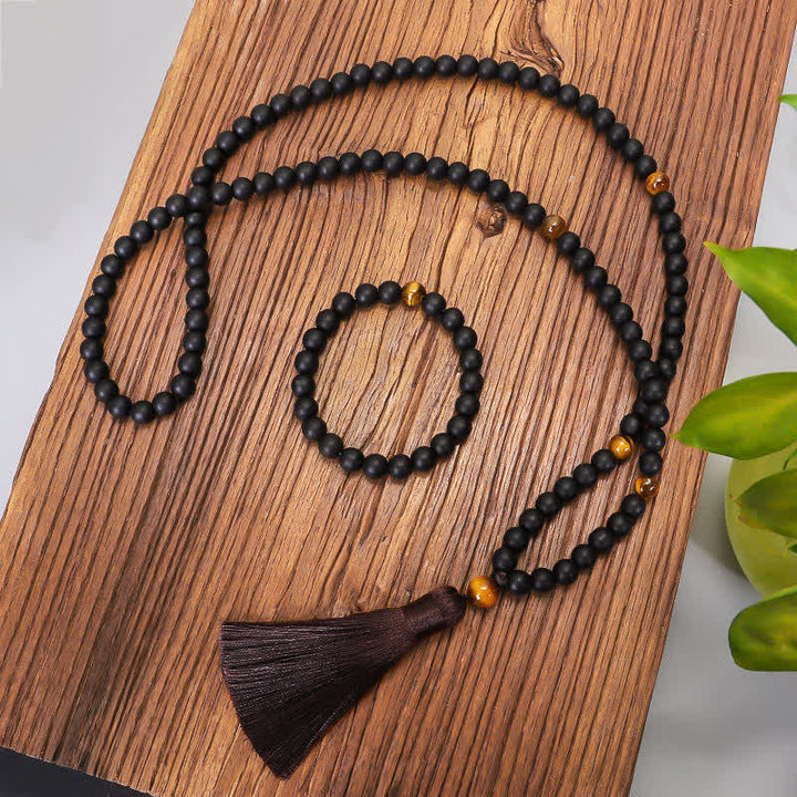 Buddha Stones 108 Mala Beads Frosted Stone Tiger Eye Balance Bracelet Necklace Pendant - image 0