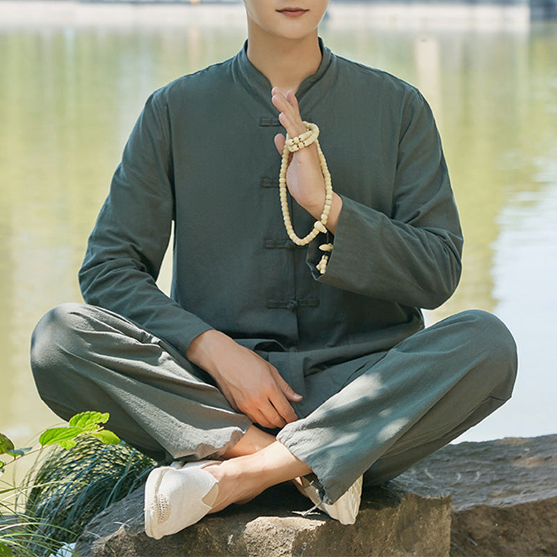 Buddha Stones Spiritual Zen Practice Yoga Meditation Prayer Clothing Cotton Linen Men's Set - Dark Green - US/UK/AU48，EU58 (6XL) - image 0