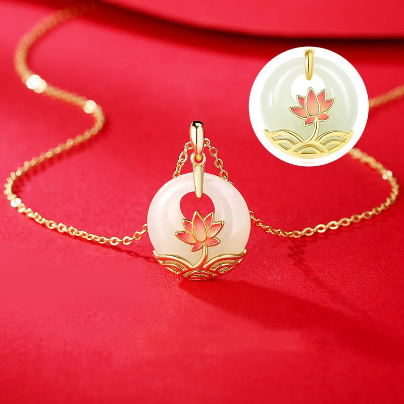 Buddha Stones 925 Sterling Silver Hetian White Jade Lotus Flower Blessing Necklace Pendant - image 4