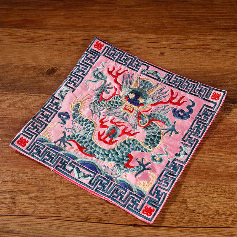 Buddha Stones Crane Phoenix Dragon Kirin Embroidered Cup Mat Pad Tea Cup Coaster Square Kung Fu Tea Mat - Pink Dragon - image 20