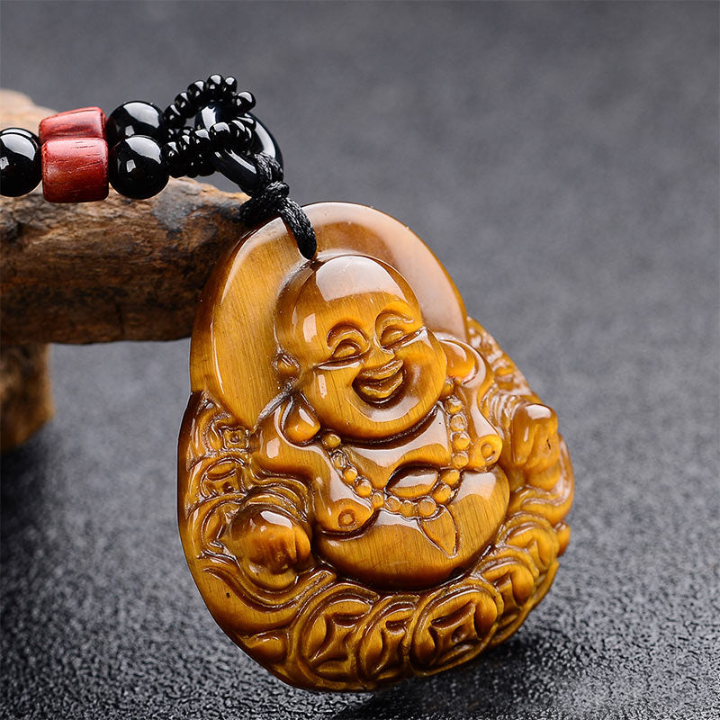 Buddha Stones Tiger's Eye Laughing Buddha Blessing Necklace - Tiger Eye - image 0