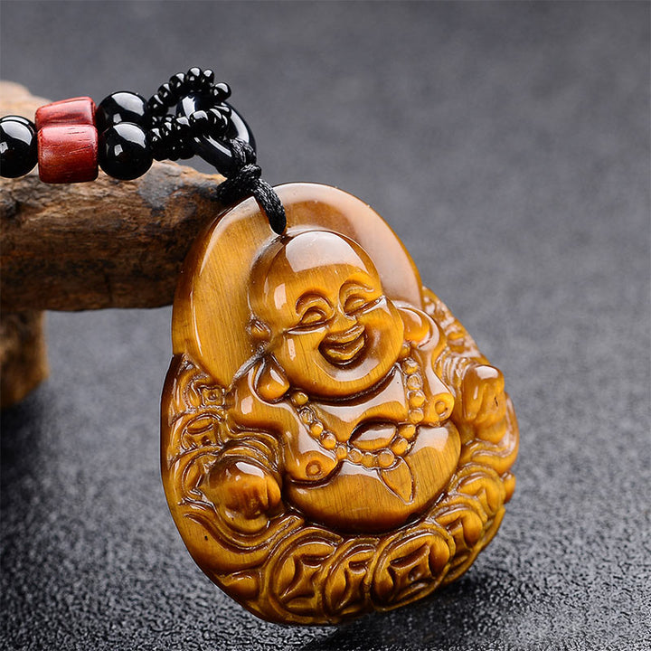 Buddha Stones Tiger's Eye Laughing Buddha Blessing Necklace - Tiger Eye - image 0