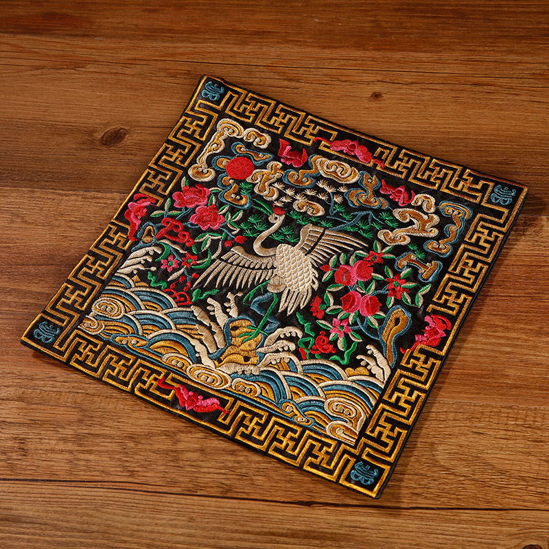 Buddha Stones Crane Phoenix Dragon Kirin Embroidered Cup Mat Pad Tea Cup Coaster Square Kung Fu Tea Mat - Black Colorful Crane - image 27