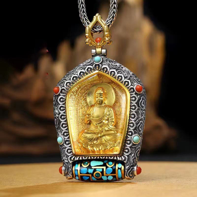 Buddha Stones Tibet Chinese Zodiac Natal Buddha Thangka Prosperity Rotatable Dzi Bead Necklace Pendant - image 0
