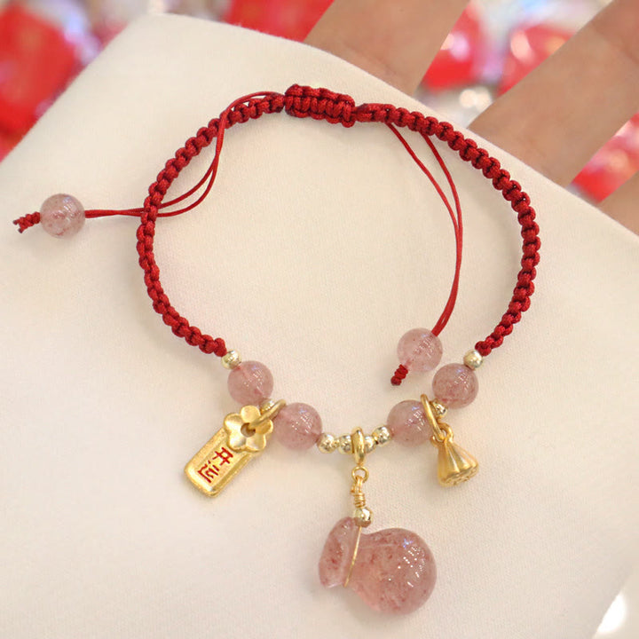 Buddha Stones Natural Strawberry Quartz Money Bag Lotus Healing Charm Red String Braided Bracelet - image 2