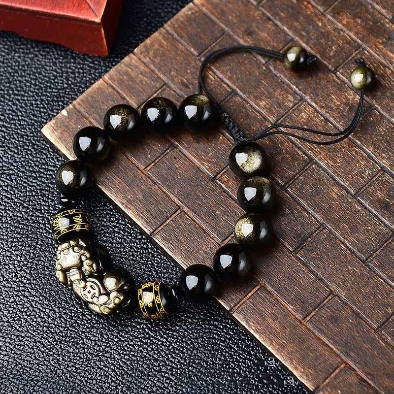 Buddha Stones Natural Gold Sheen Obsidian PiXiu Om Mani Padme Hum Wealth Braided Bracelet - 12mm - image 4