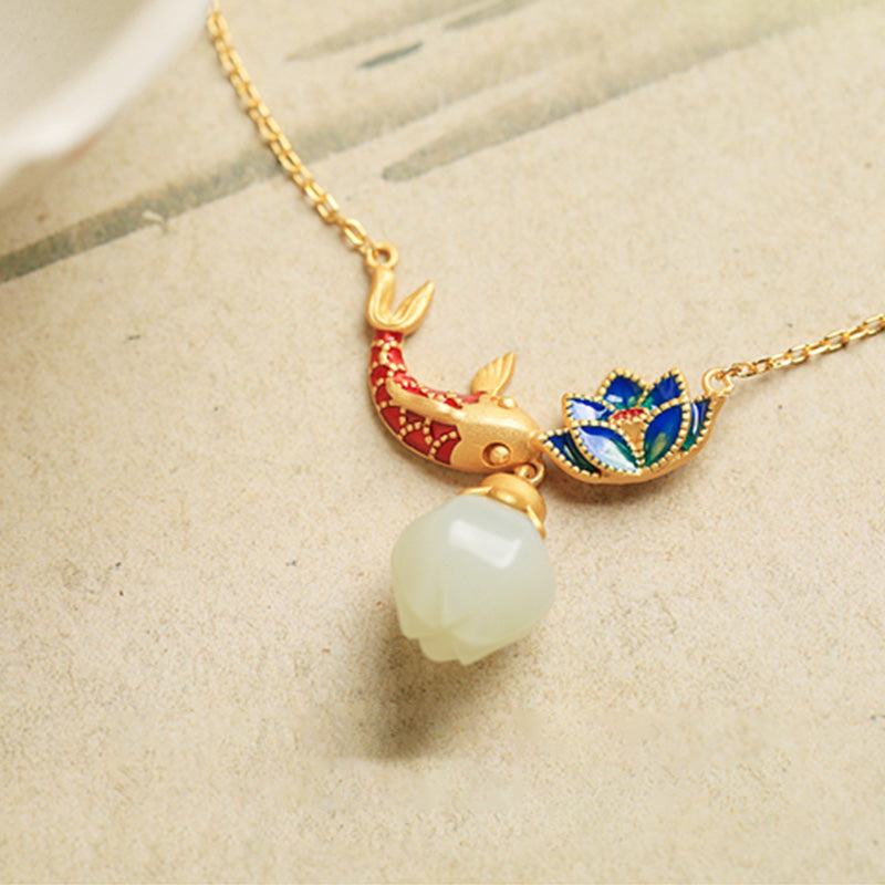 Buddha Stones White Jade Koi Fish Lotus Copper Protection Necklace Pendant - image 4