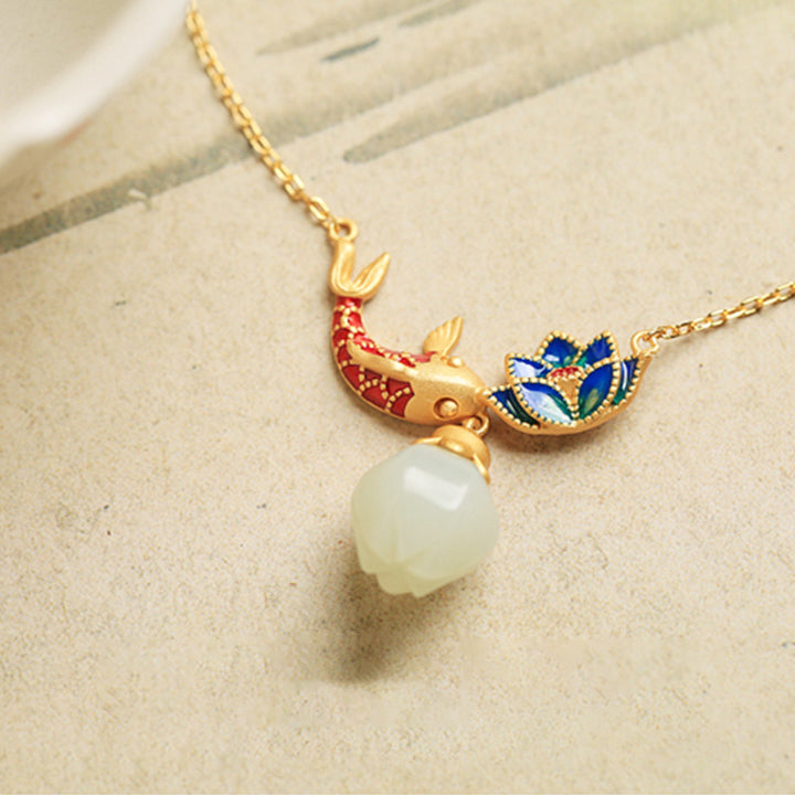 Buddha Stones White Jade Koi Fish Lotus Copper Protection Necklace Pendant - image 4
