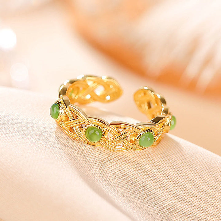 Buddha Stones 925 Sterling Silver Plated Gold Cyan Jade Braided Design Success Luck Adjustable Ring - image 2