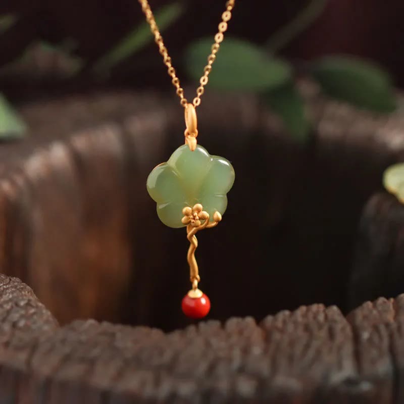 Vintage Plum Blossom Flower Jade Red Agate Prosperity Necklace Pendant - image 2