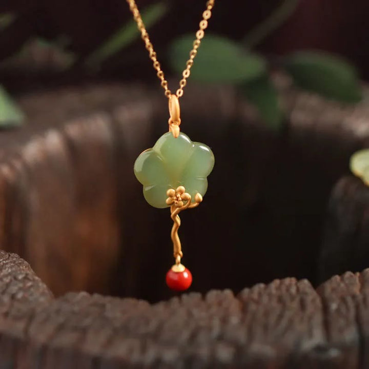 Vintage Plum Blossom Flower Jade Red Agate Prosperity Necklace Pendant - image 2