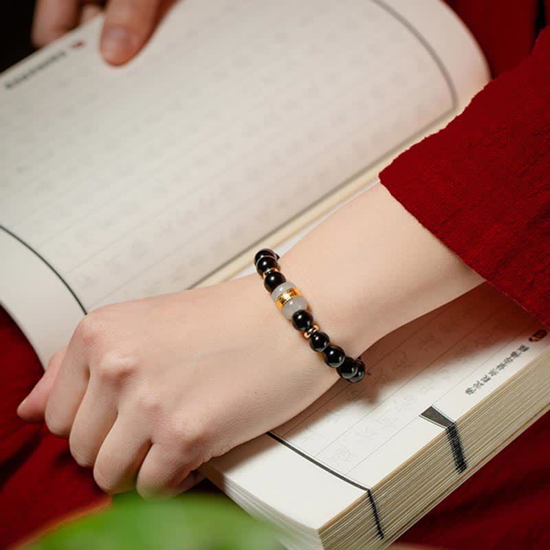 Buddha Stones Black Obsidian Jade Om Mani Padme Hum Strength Couple Magnetic Bracelet - image 4