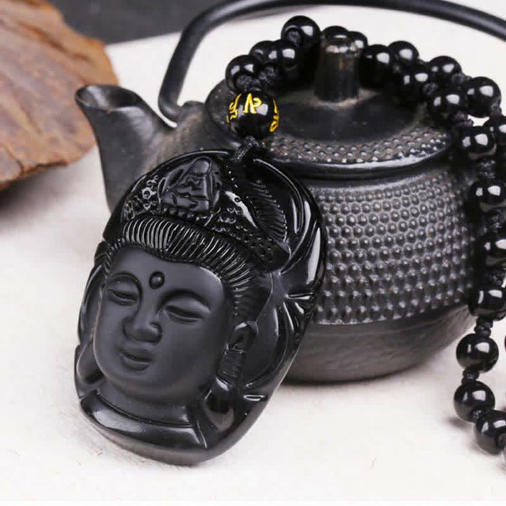Buddha Stones Natural Black Obsidian Kwan Yin Avalokitesvara Strength String Necklace Pendant - image 5