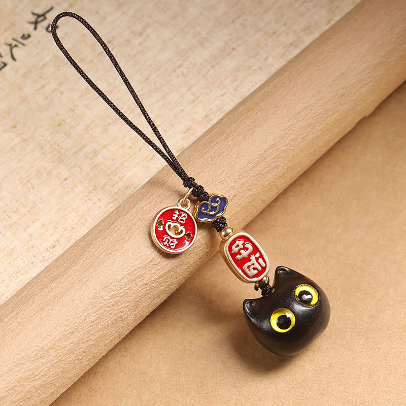 Buddha Stones Ebony Wood Lucky Cat Auspicious Cloud Peace Key Chain Phone Hanging Decoration - Yellow Eyes Cat - Phone Hanging Decoration - image 7