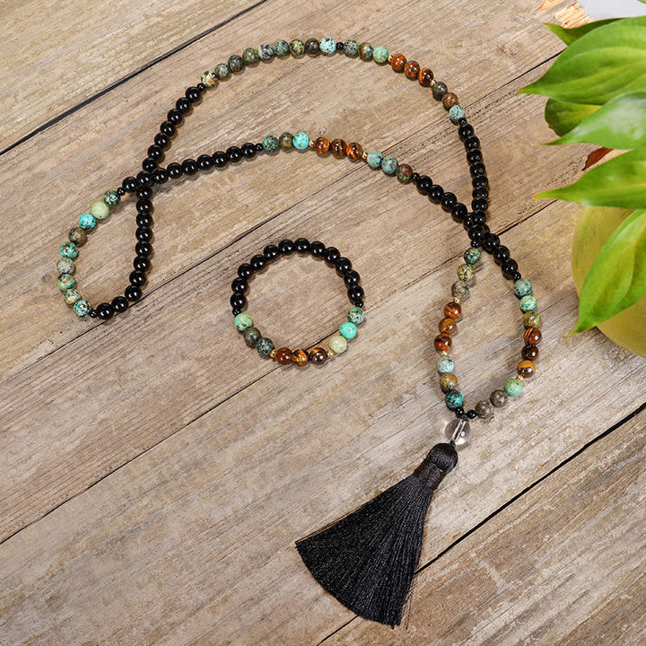 Buddha Stones 108 Mala Beads Natural Stone Tiger Eye Turquoise Protection Strength Bracelet Necklace - image 0
