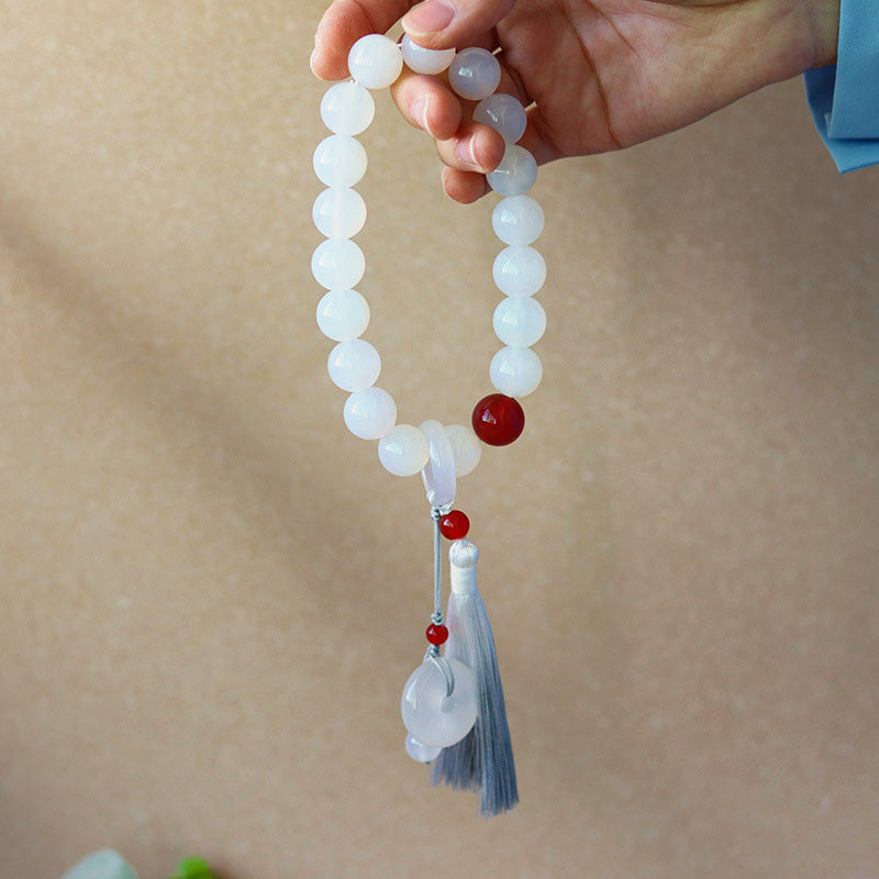 Buddha Stones White Agate Red Agate Luck Wrist Mala Tassels Pocket Mala Car Decoration - 14mm - image 0