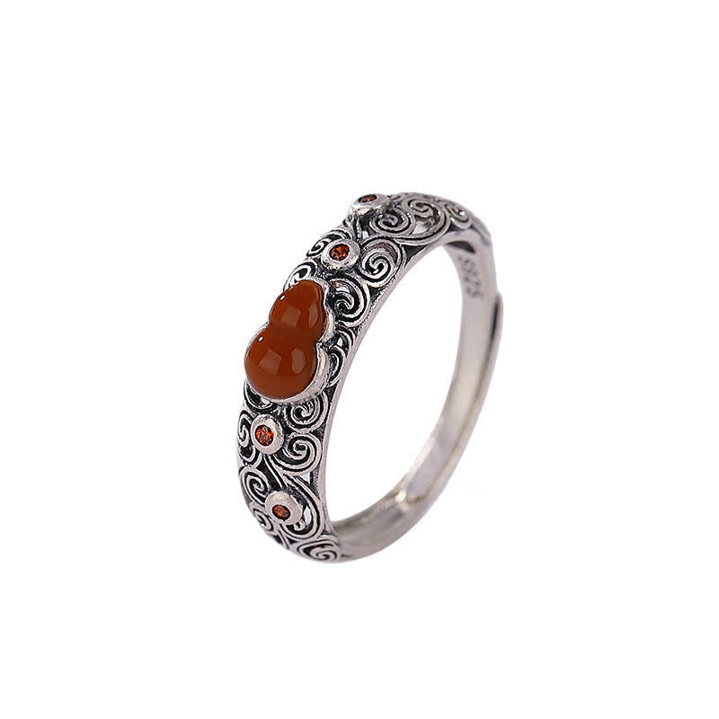 Buddha Stones 925 Sterling Silver Red Agate Cyan Jade Gourd Blessing Auspicious Ring - image 4
