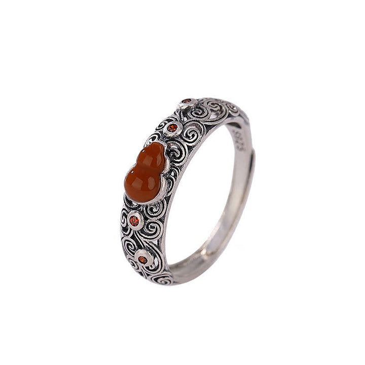 Buddha Stones 925 Sterling Silver Red Agate Cyan Jade Gourd Blessing Auspicious Ring - image 4