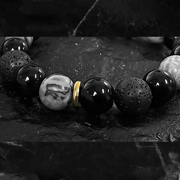 Buddha Stones Black Obsidian Lava Rock Stone Yin Yang Strength Bracelet - image 13