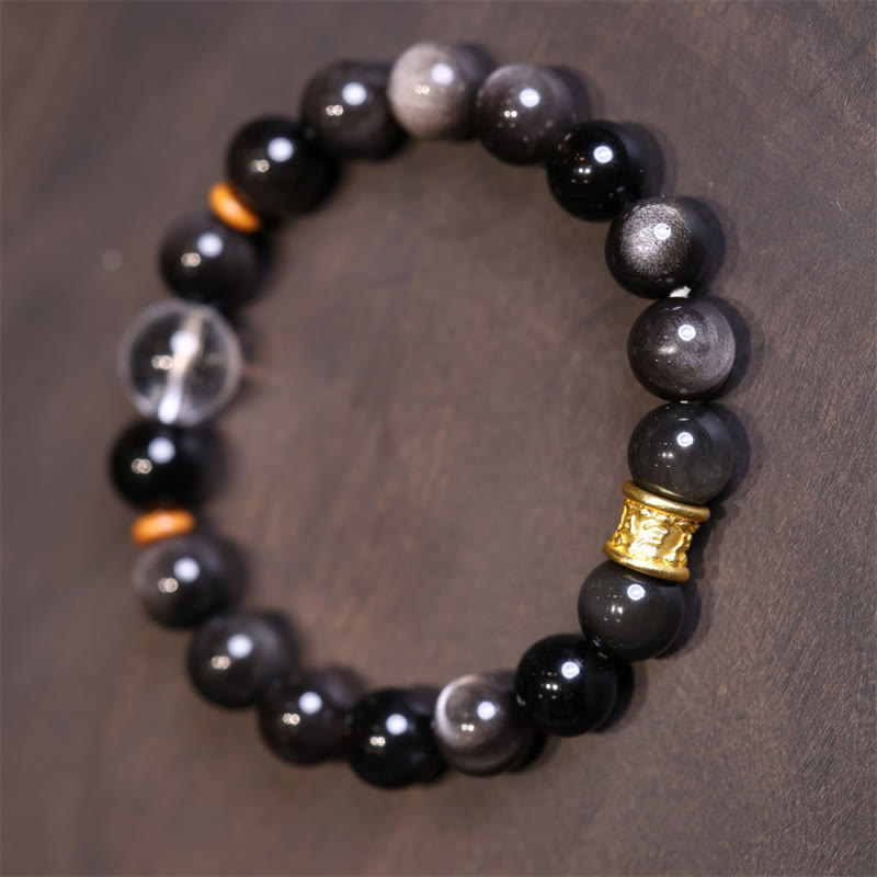 Buddha Stones Natural Silver Sheen Obsidian Crystal Om Mani Padme Hum Bead Protection Bracelet - image 3