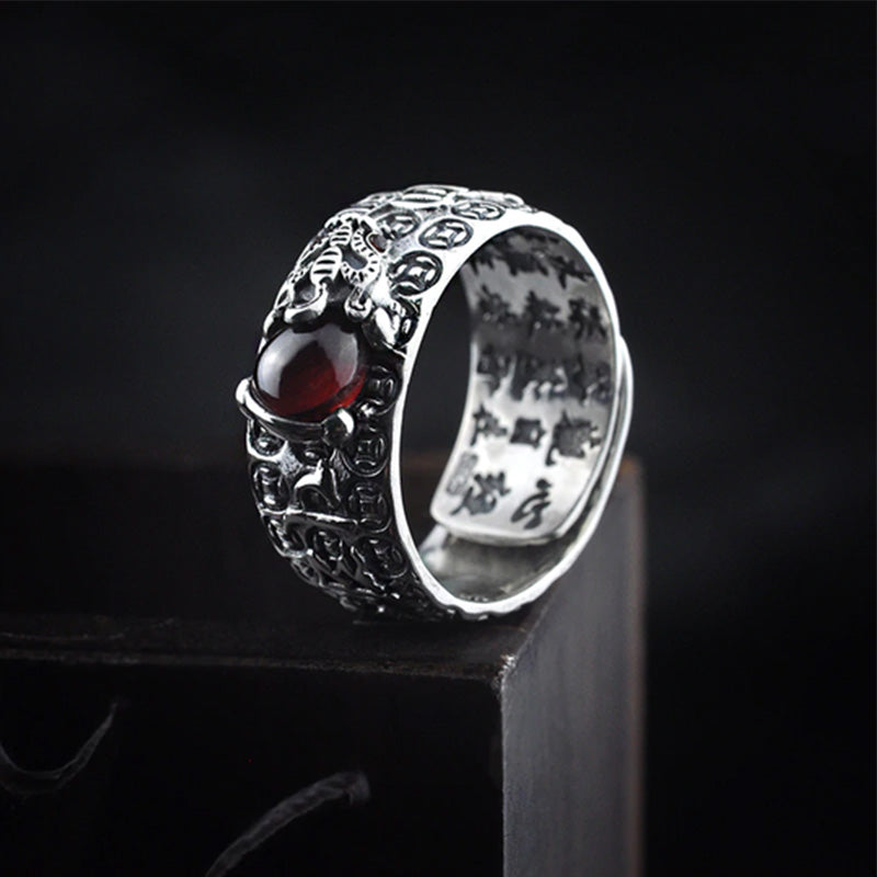 Buddha Stones FengShui PiXiu Red Garnet Wealth Ring - image 1