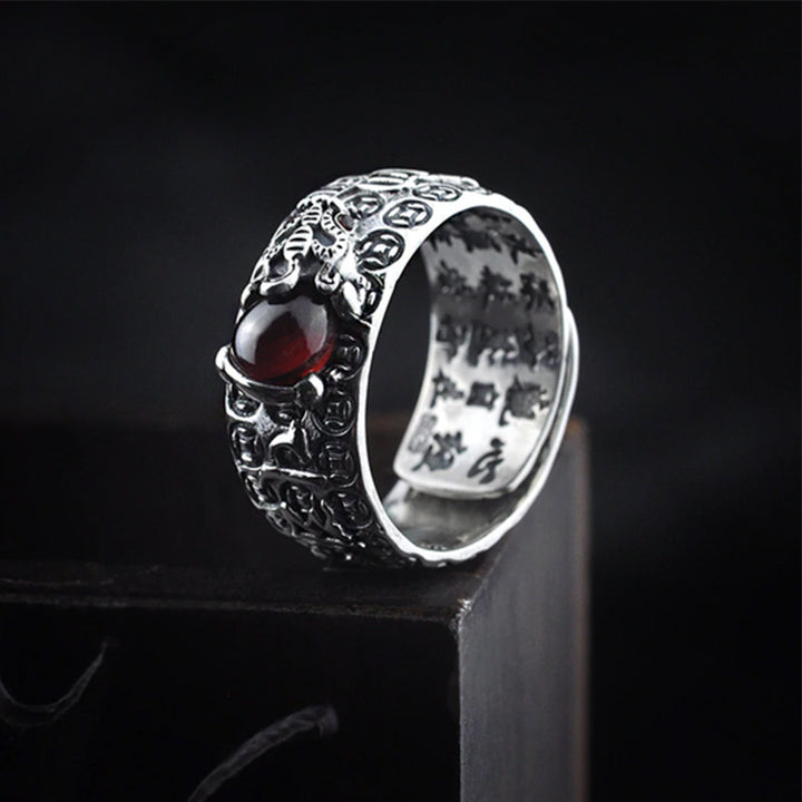 Buddha Stones FengShui PiXiu Red Garnet Wealth Ring - image 1
