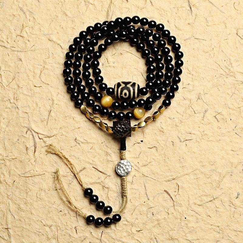 Buddha Stones Tibetan 108 Mala Beads Black Onyx Three-eyed Dzi Beads Protection Bracelet - 8mm - Black Onyx - image 12