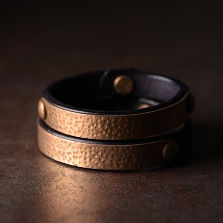 Buddha Stones Vintage Handmade Texture Copper Brass Leather Wealth Bracelet Bangle - image 15