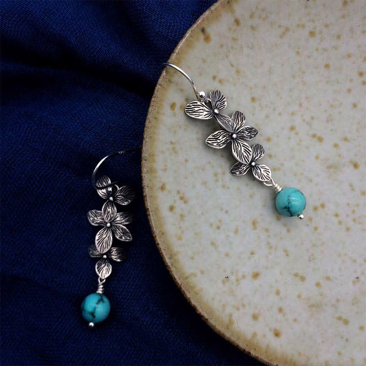 Buddha Stones 925 Sterling Silver Turquoise Lazurite Flower Leaf Serenity Protection Hook Drop Dangle Earrings - image 5