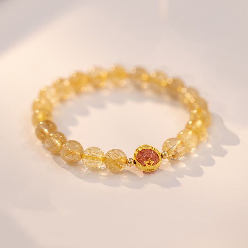 Buddha Stones Golden Rutilated Quartz Strawberry Quartz Star Protection Bracelet - image 1