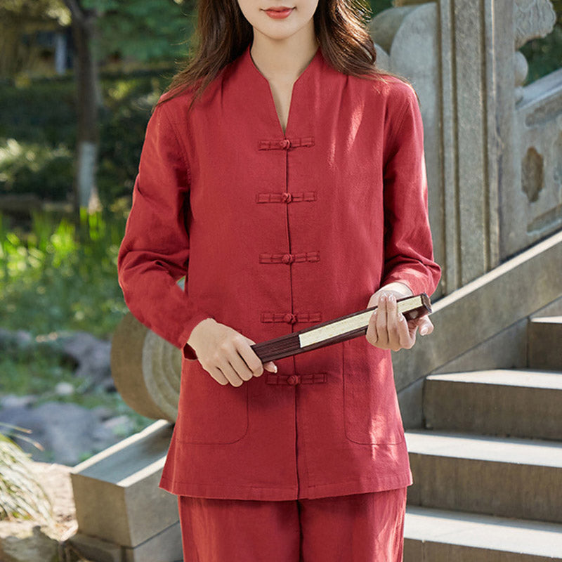 Buddha Stones Spiritual Zen Practice Yoga Meditation Prayer Uniform Cotton Linen Clothing Women's Set - Red - US18，UK/AU22，EU50 (6XL) - image 9