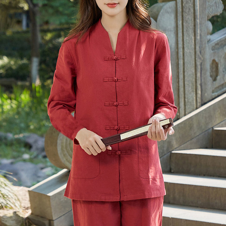 Buddha Stones Spiritual Zen Practice Yoga Meditation Prayer Uniform Cotton Linen Clothing Women's Set - Red - US18，UK/AU22，EU50 (6XL) - image 9