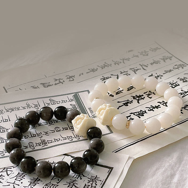Buddha Stones Silver Sheen Obsidian Bodhi Seed Ivory Fruit Dancing Lion Protection Bracelet - image 1