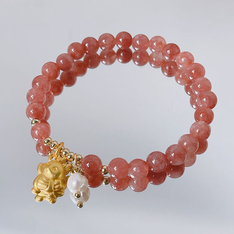 Buddha Stones Year of the Dragon Strawberry Quartz Dragon Pearl Charm Protection Bracelet - Strawberry Quartz Cute Dragon(Wrist Circumference 14-16cm) - image 0