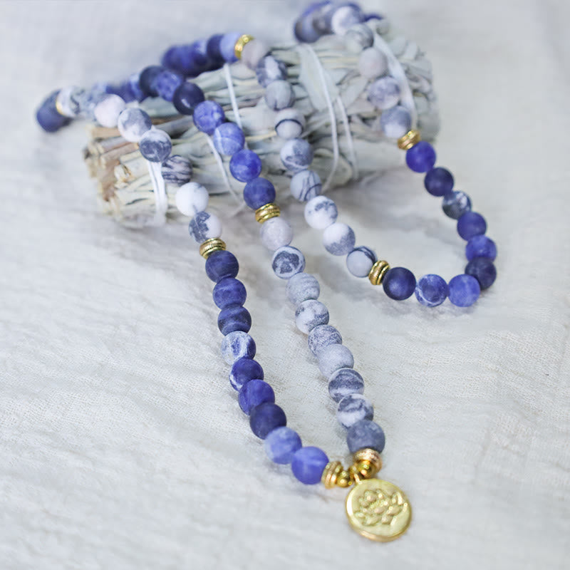 Buddha Stones 108 Natural Picasso Jasper & Blue Stone Mala Bead Lotus Pendant Bracelet - image 2