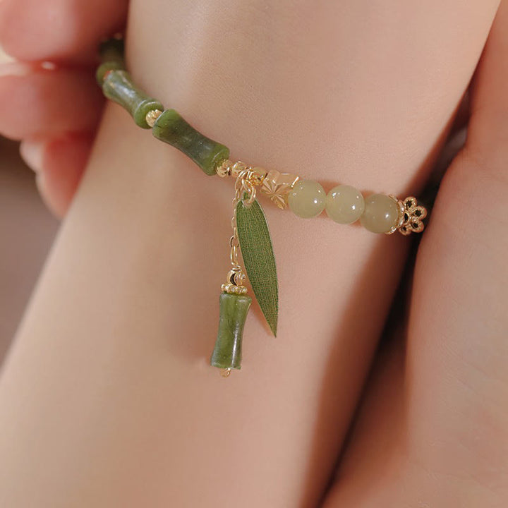 Buddha Stones Jade Bamboo Leaf Lily Of The Valley Pattern Luck Abundance Bracelet - image 1