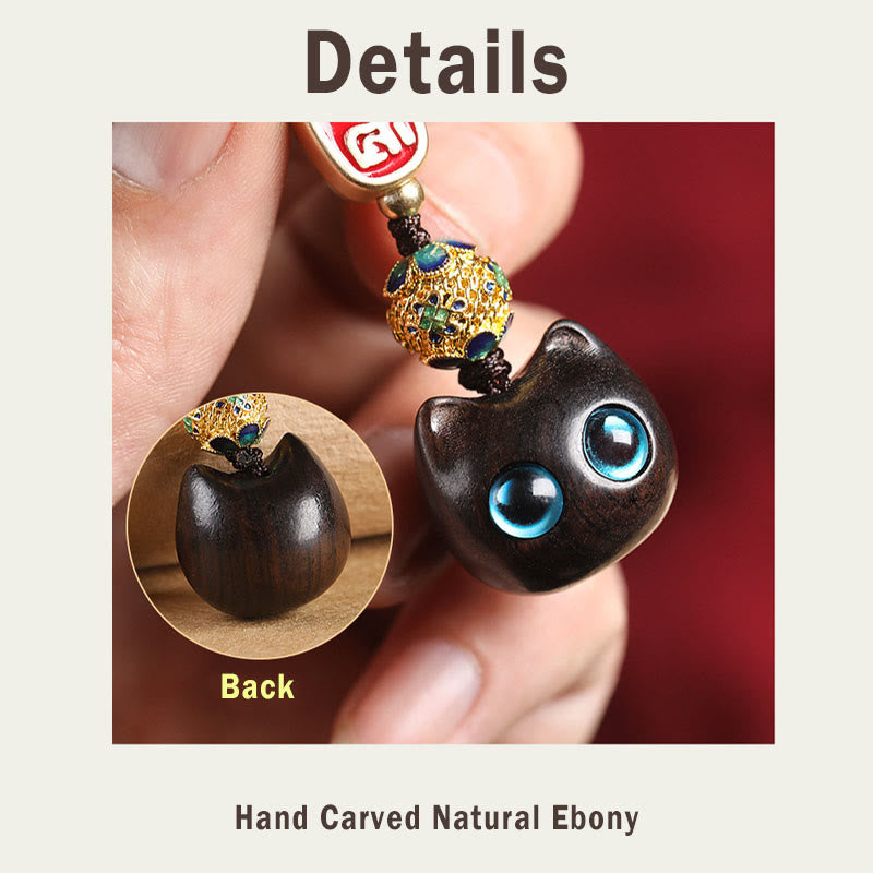 Buddha Stones Ebony Wood Lucky Cat Auspicious Cloud Peace Key Chain Phone Hanging Decoration - image 11