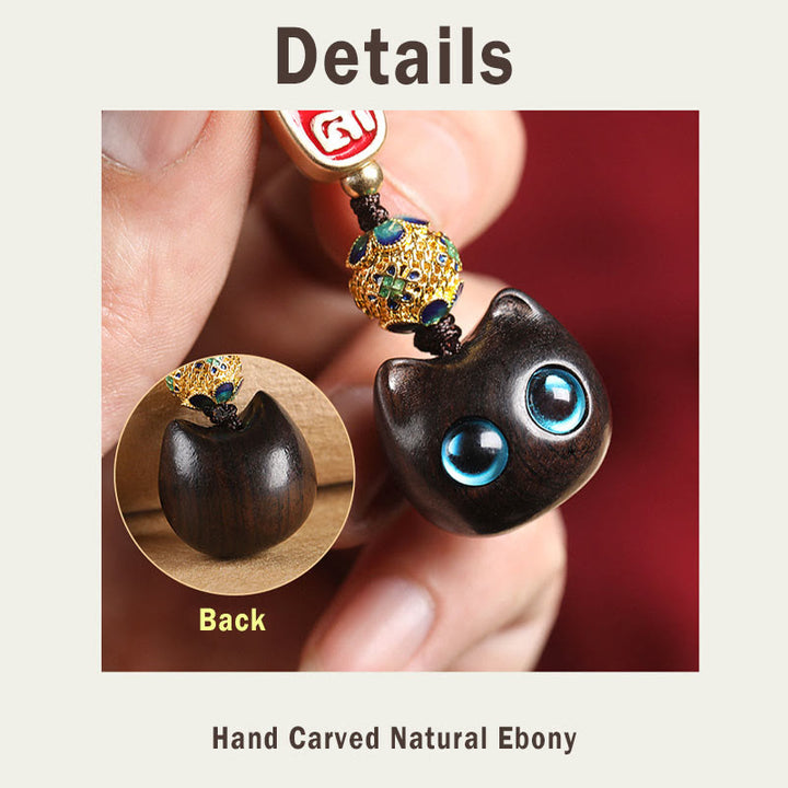 Buddha Stones Ebony Wood Lucky Cat Auspicious Cloud Peace Key Chain Phone Hanging Decoration - image 11