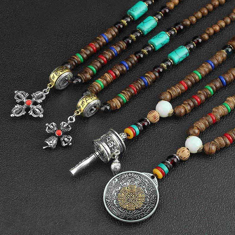 Buddha Stones Tibetan Om Mani Padme Hum Prayer Wheel Rotation Vajra Wood Necklace Pendant - image 20