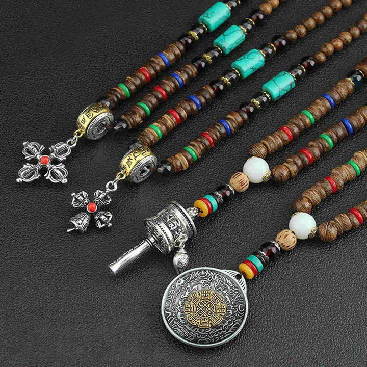 Buddha Stones Tibetan Om Mani Padme Hum Prayer Wheel Rotation Vajra Wood Necklace Pendant - image 20