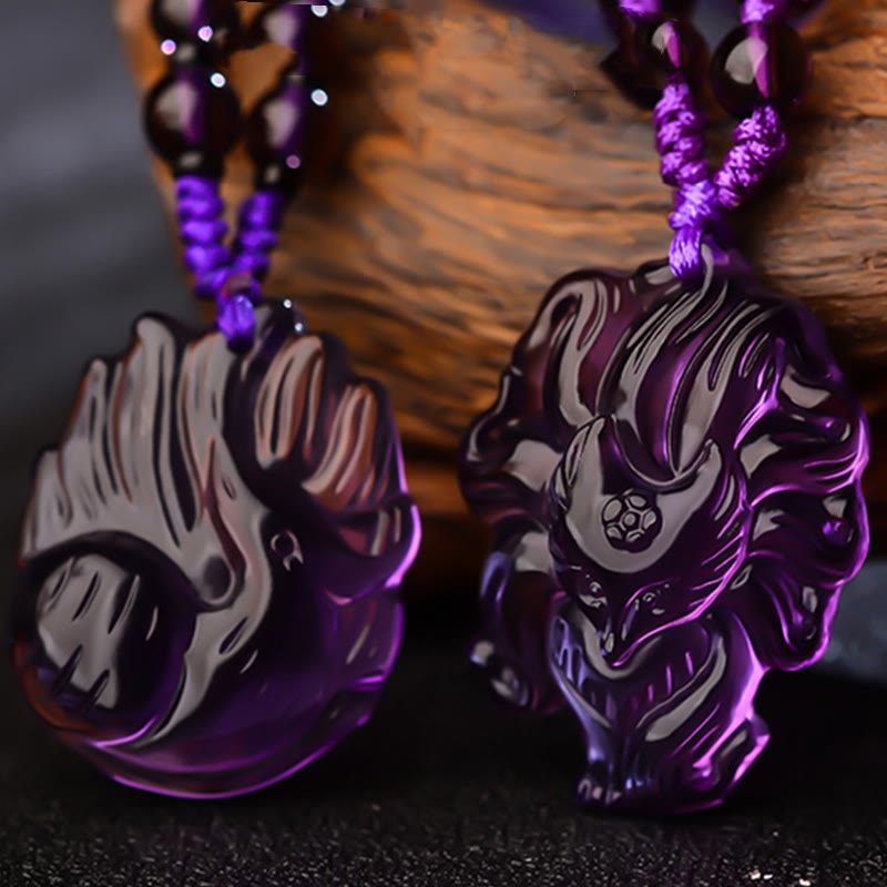 Buddha Stones Natural Amethyst White Crystal Citrine Nine Tailed Fox Luck Necklace Pendant - image 7