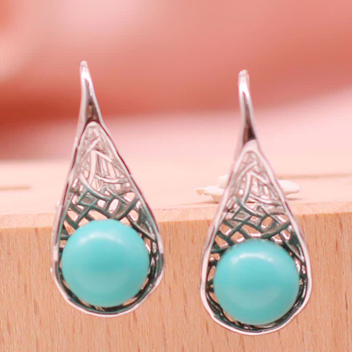 Buddha Stones 925 Sterling Silver Turquoise Beaded Pattern Protection Drop Dangle Earrings - image 1