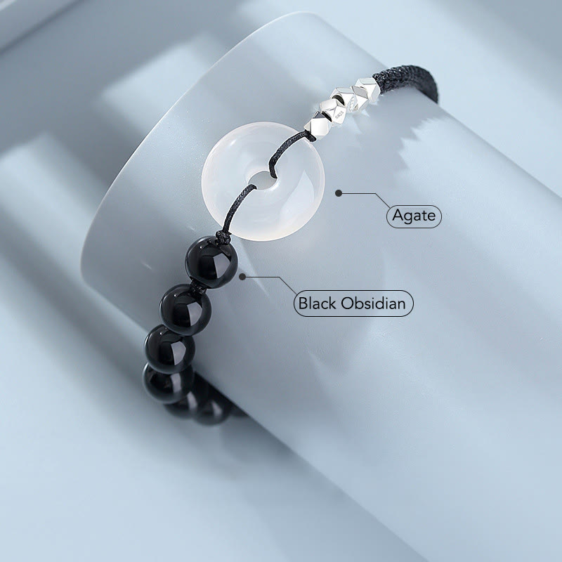 Buddha Stones 925 Sterling Silver Black Obsidian Agate Peace Buckle Strength Bracelet - image 3