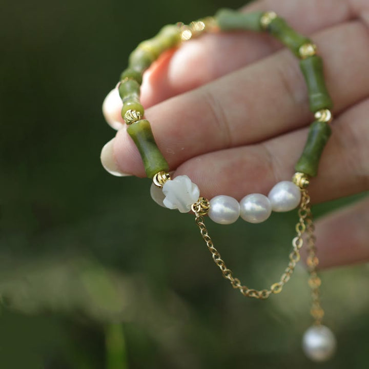 Buddha Stones Green Bamboo Jade Lily of the Valley Wealth Bracelet - Pearl Rose Bamboo(Perimeter 17+5cm) - image 4