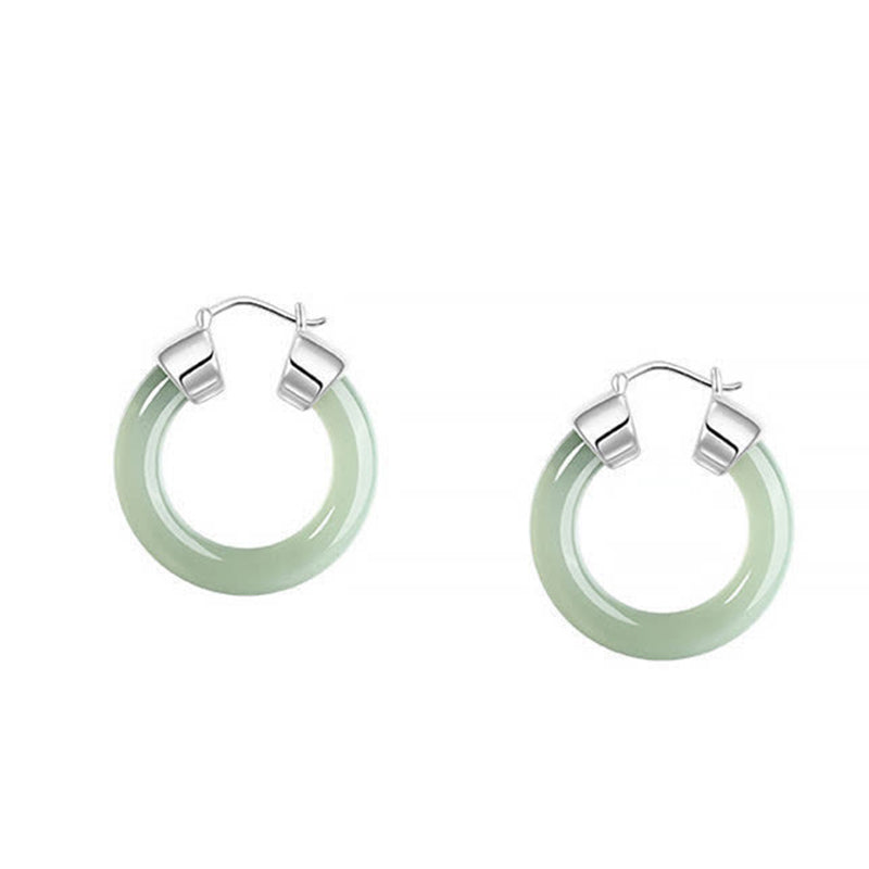 Buddha Stones Round Jade White Jade Prosperity Earrings - Silver - image 0