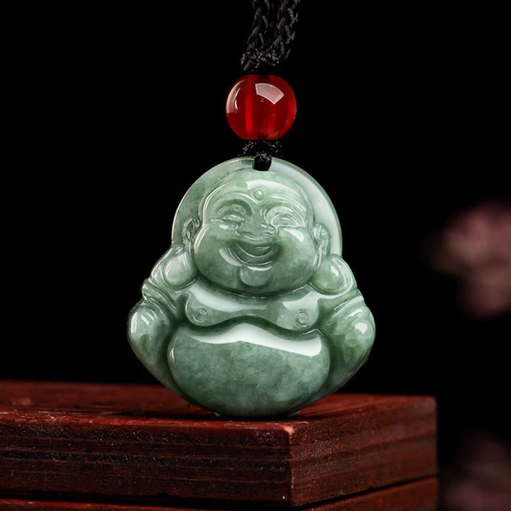 Buddha Stones Natural Green Jade Laughing Buddha Luck Abundance Necklace Pendant - image 1