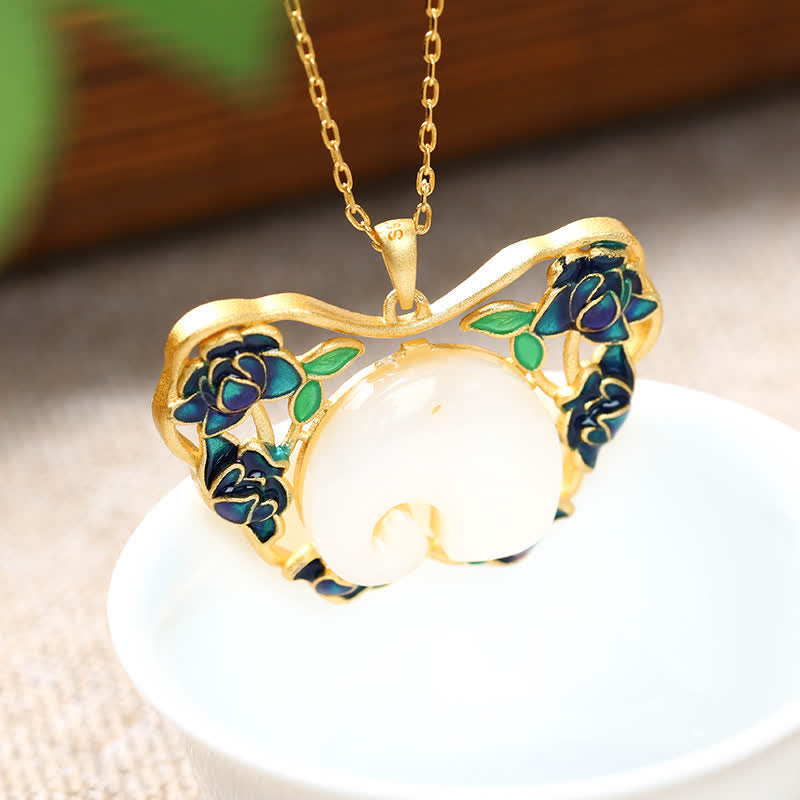 White Jade Elephant Butterfly Lotus Success Necklace Chain Pendant - image 2