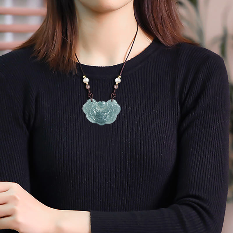 Buddha Stones Natural Jade Peony Flower Lock of Good Wishes Prosperity Necklace Pendant - image 9